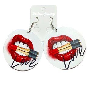 Wooden hand painted earrings  LOVE LIPSTICK